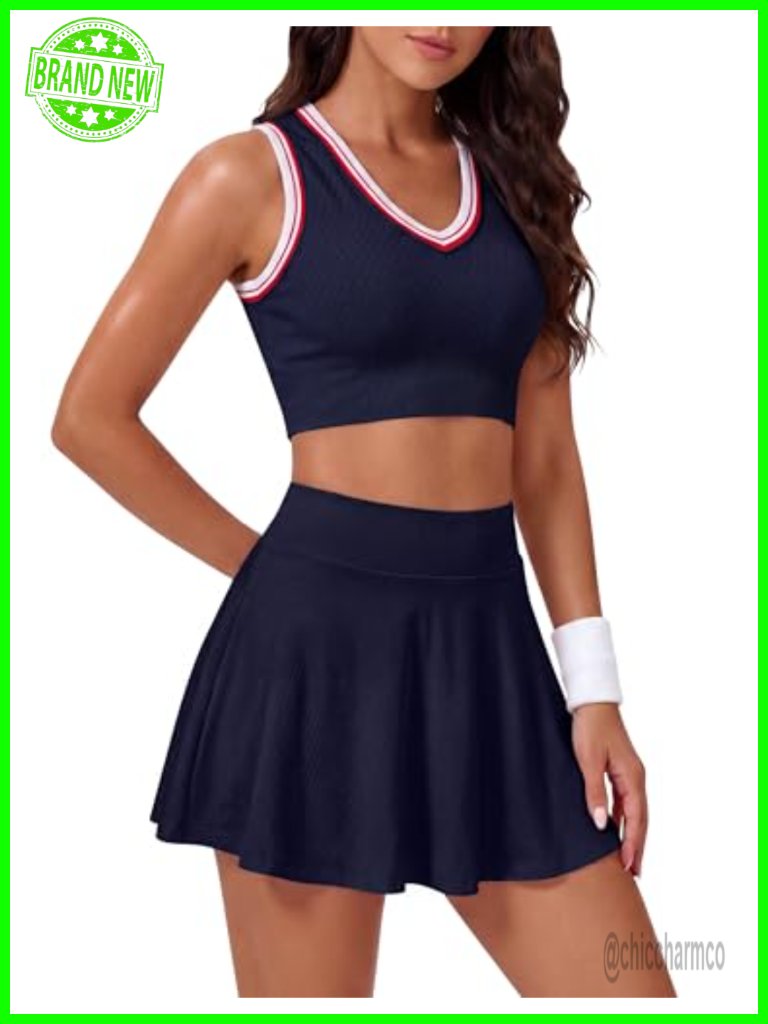 Women's Two Piece Tennis Dress With Built-In Shorts V-Neck Sleeveless Summer